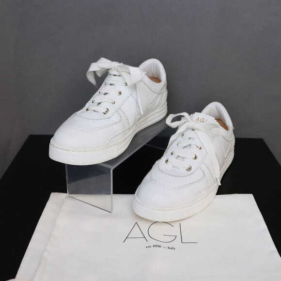 AGL Leda Sneaker White 38.5 Scallop Lace Detail Ribbon Lace Logo Tennies - Picture 1 of 15